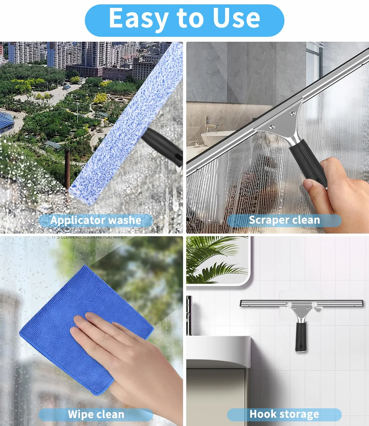 Limpiacristales Profesional 8 Piezas, Limpiador de Ventanas de Acero Inoxidable con Escobilla de Silicona & Paños de Microfibra, Kit de Limpieza de Ventanas con Gancho para Baño, Coche, Ventana