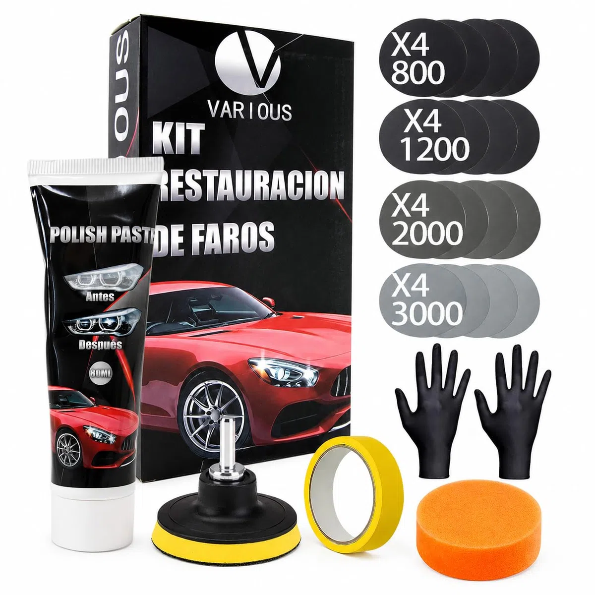 various-Kit Restaurador de Faros con Adaptador de Taladro para pulir Faros opacos y Desgastados - Juego para Limpiar y lijar para ITV y Mejorar Visibilidad y Seguridad。