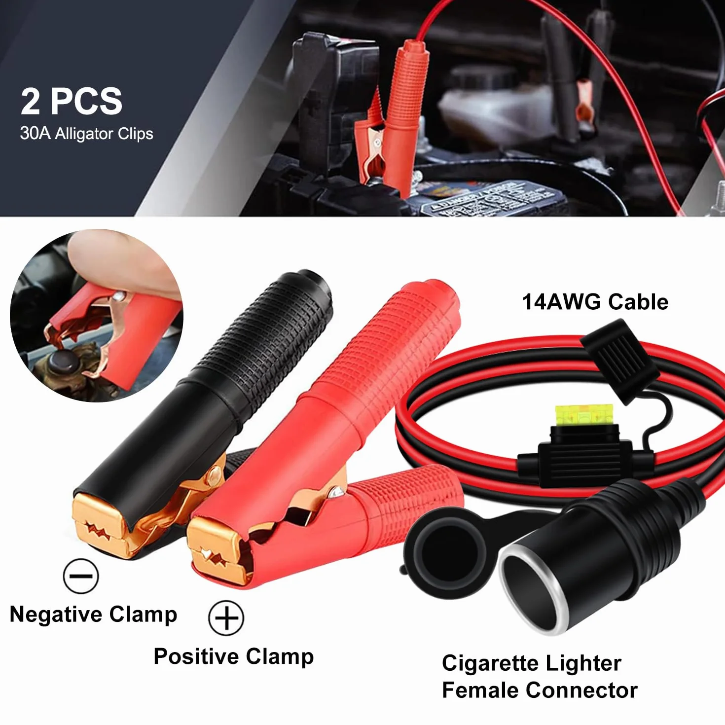 Pinzas de Bateria a Encendedor de Cigarrillos 12V 24V 14AWG Cable con Pinza de Cocodrilo para Encendedor de Cigarrillos Hembra con Fusible 20A para Automóviles, Barcos (3 m)