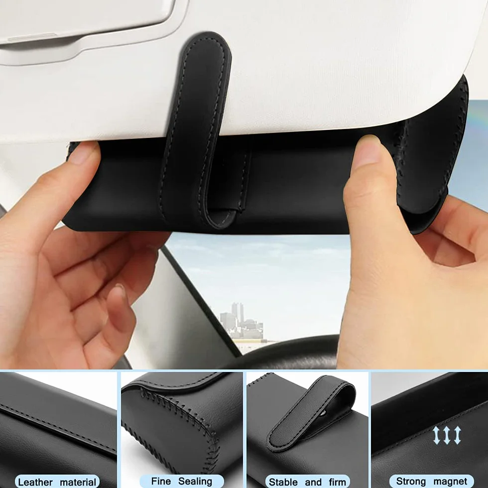Caja organizadora de Gafas y Soporte para Gafas, Clip para Visera de Coche, Funda de Almacenamiento de Cuero para Gafas de Sol, Soporte para Gafas de Sol con Clip para Tarjeta