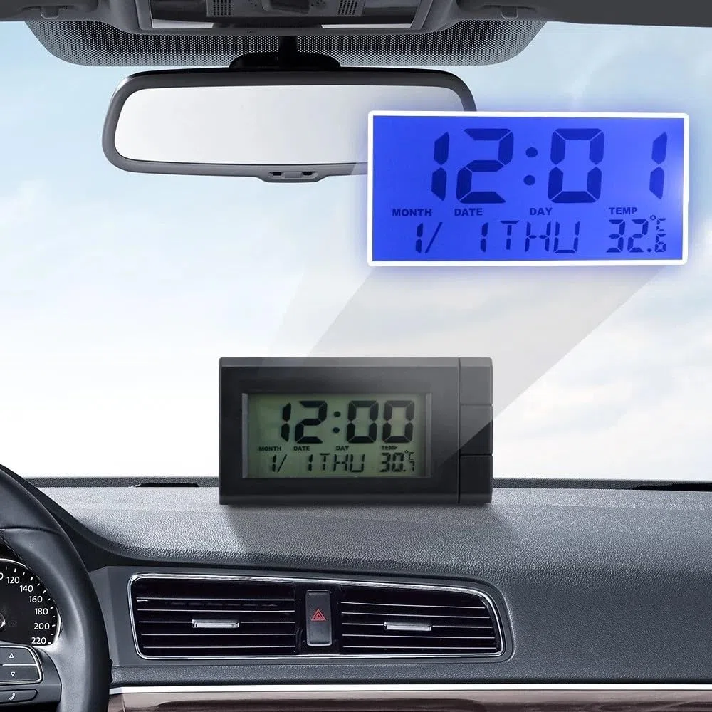 Yhenlovtt Reloj de pantalla digital LCD para coche con calendario y termómetro, soporte ABS para salpicadero, fecha y función para vehículos