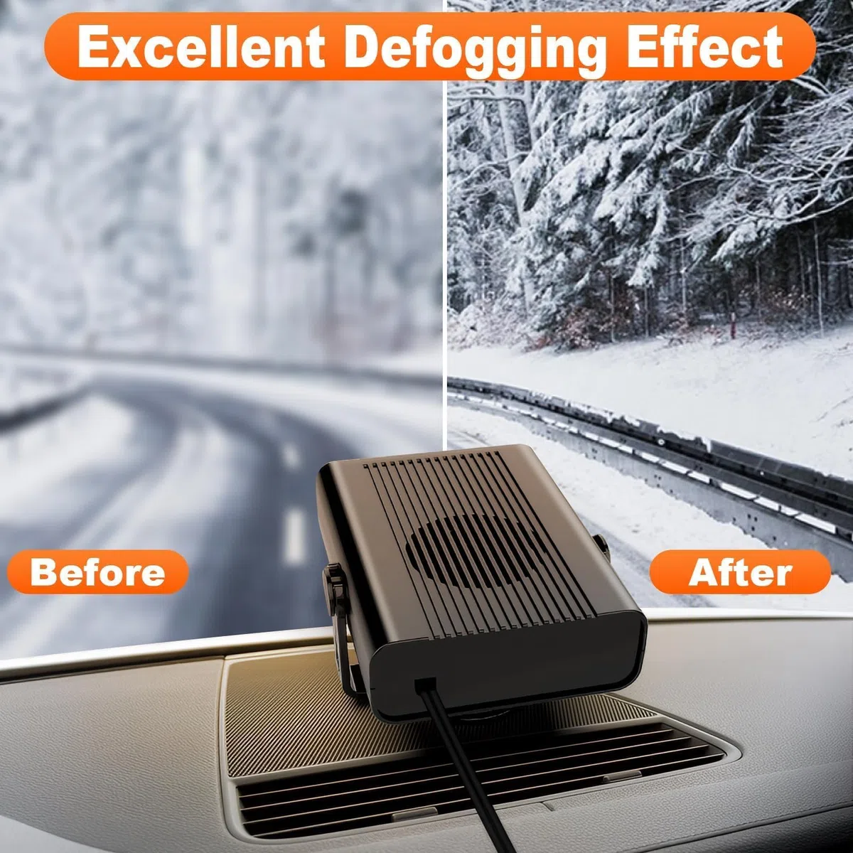 Calefactor Coche 12V 2 en 1 Calentador y Ventilador Portátil con Soporte Giratorio 360°, Desempañador y Descongelador Rápido para Parabrisas, Adecuado para Coche SUV Camión 120w
