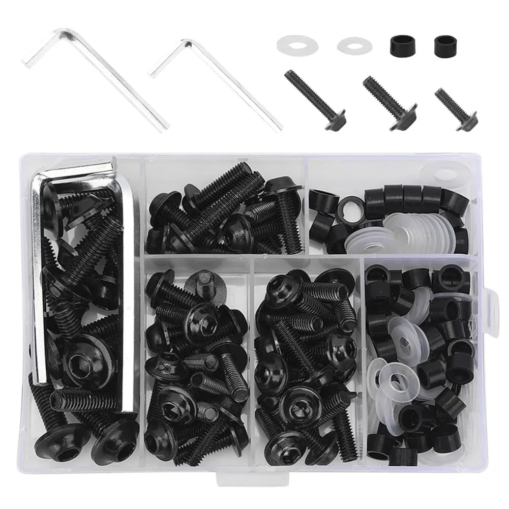 158 Piezas Kit de Tornillos de Carenado de Motocicleta, Universal Tornillos para Parabrisas de Motocicleta de Aluminio, M5 M6 Kits de Montaje de Carrocería Arandelas Tuercas Tornillos Clips(Negro)