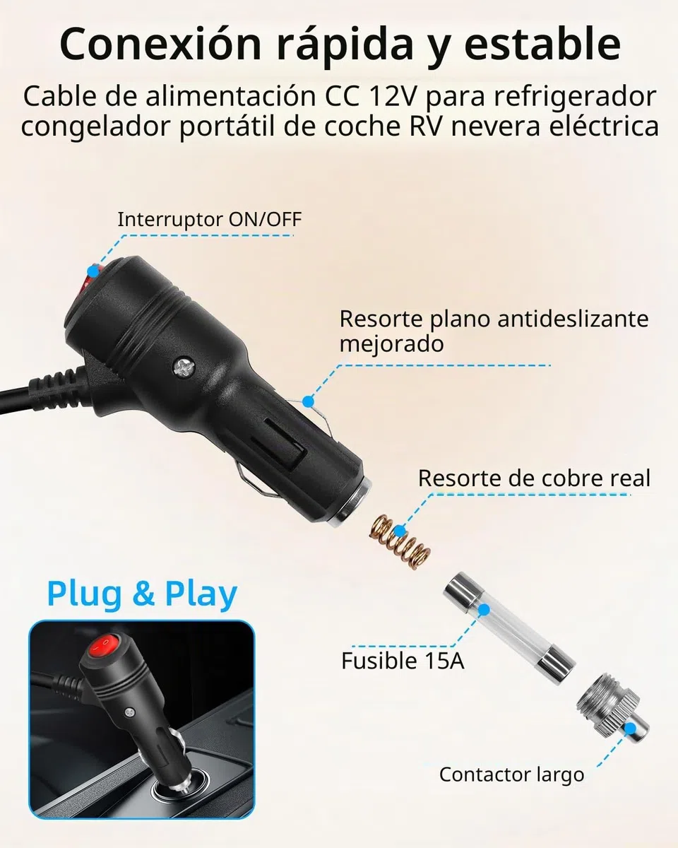 GELRHONR Cable de alimentación DC para refrigerador portátil de Coche 12V, Cable Resistente 14AWG, Enchufe de mechero a Corriente DC 12V para neveras portátiles (3m/9.8pies)