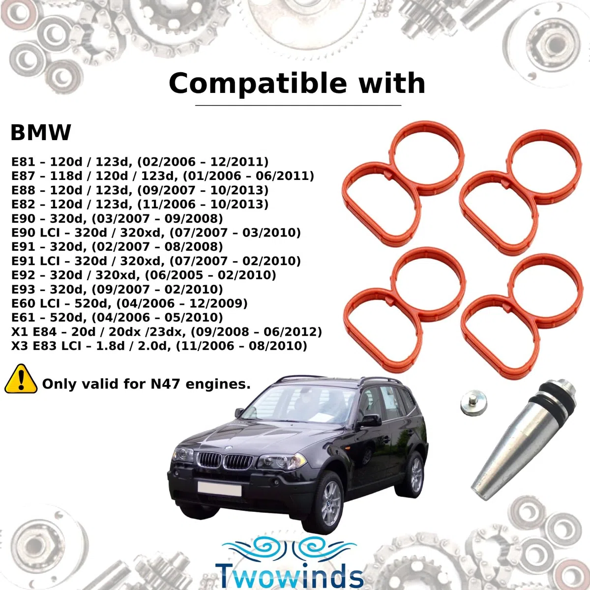 Twowinds - Tapón de Cierre para Anular Palomillas del Colector de Admisión 11618507239 Compatible con BMW E81 E87 E88 E82 E90 E60 - Motores N47-11617801438 - 4 Cilindros (lote de 1 tapón y 4 juntas)