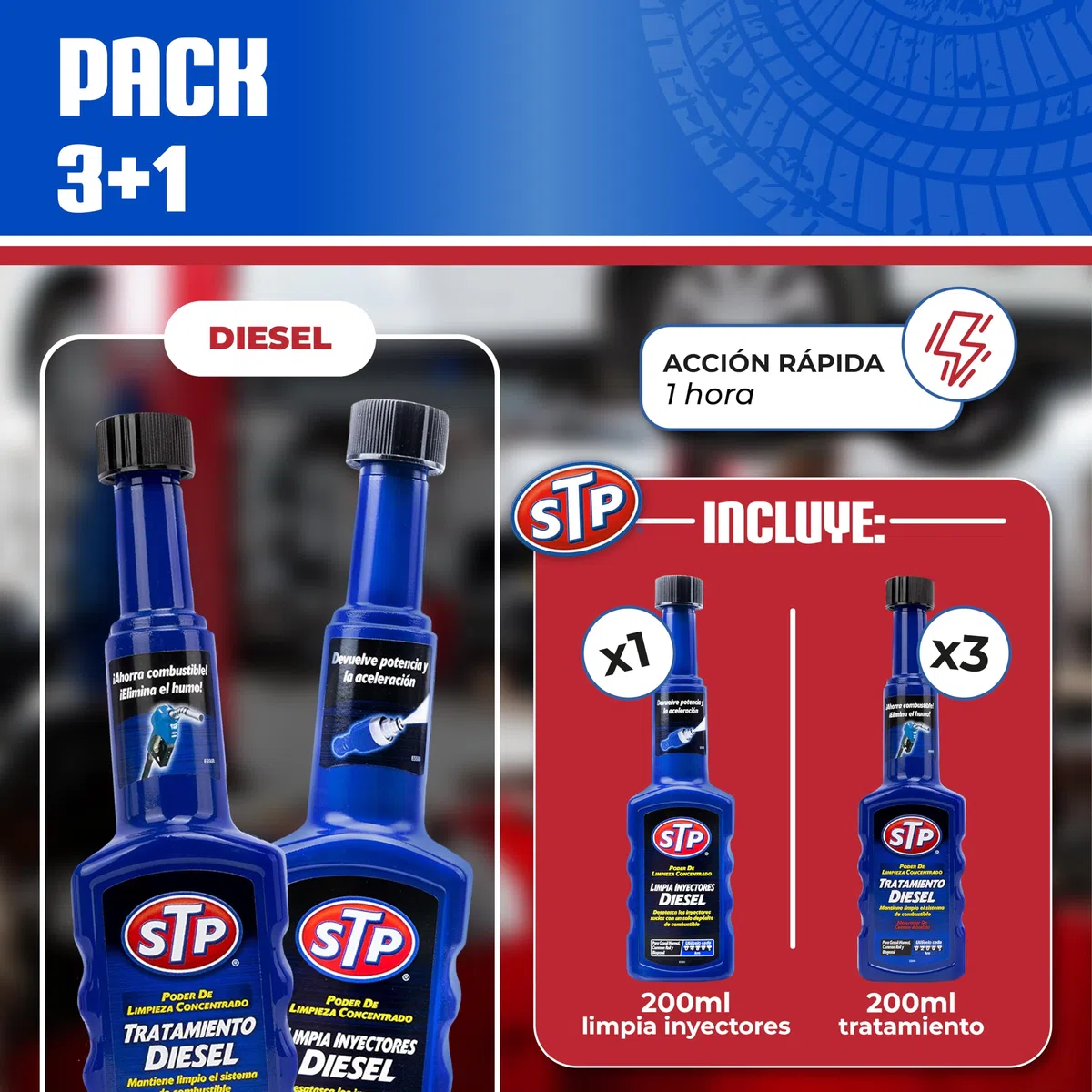 STP Limpia Inyectores Diesel + 3 Tratamientos - PACK DE 3+1 PRE ITV DIESEL 1 HORA - Reduce emisiones, ahorra combustible y mejora el rendimiento, 4X200 ml, El embalaje puede variar