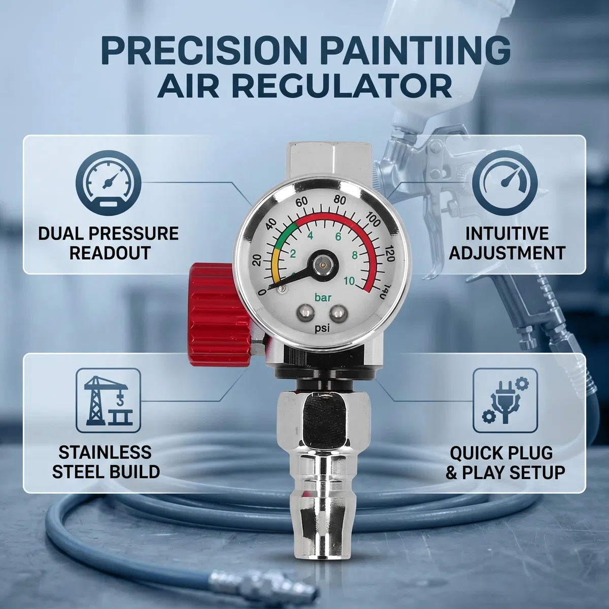 Regulador Presión Aire para Pistolas Pintura Acero Inoxidable con Manómetro 0-140PSI 0-10BAR Conexión G1/4 Pulgadas Profesional