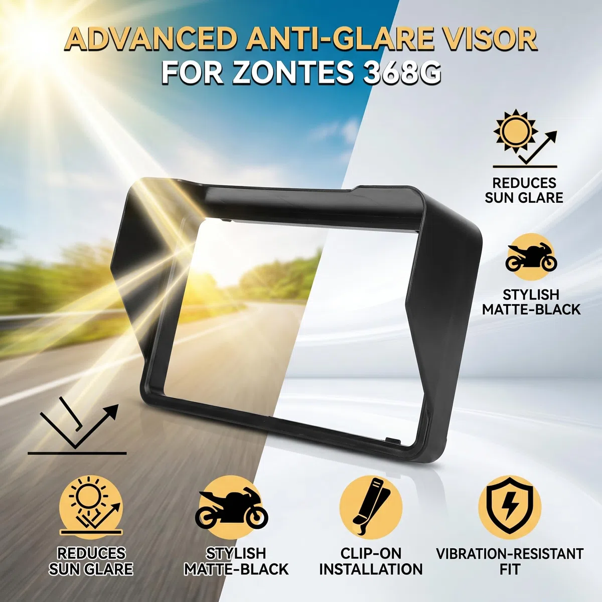 Generic ZONTES 368G 2024-2026 Instrumento de Motocicleta Apto para Visera Solar, Protector contra Reflejos Curvado, Instalación sin Herramientas, Material ABS, Pantalla de Velocímetro Negro Mate