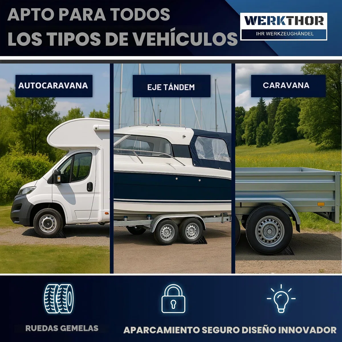 WERKTHOR Calzos de Rueda con Soporte [Juego de 2] y Material de Fijación - Calzos de Rueda para Remolques de hasta 1600kg de Carga por Eje - Cuñas Accesorios para Remolques de Coches (Montables)
