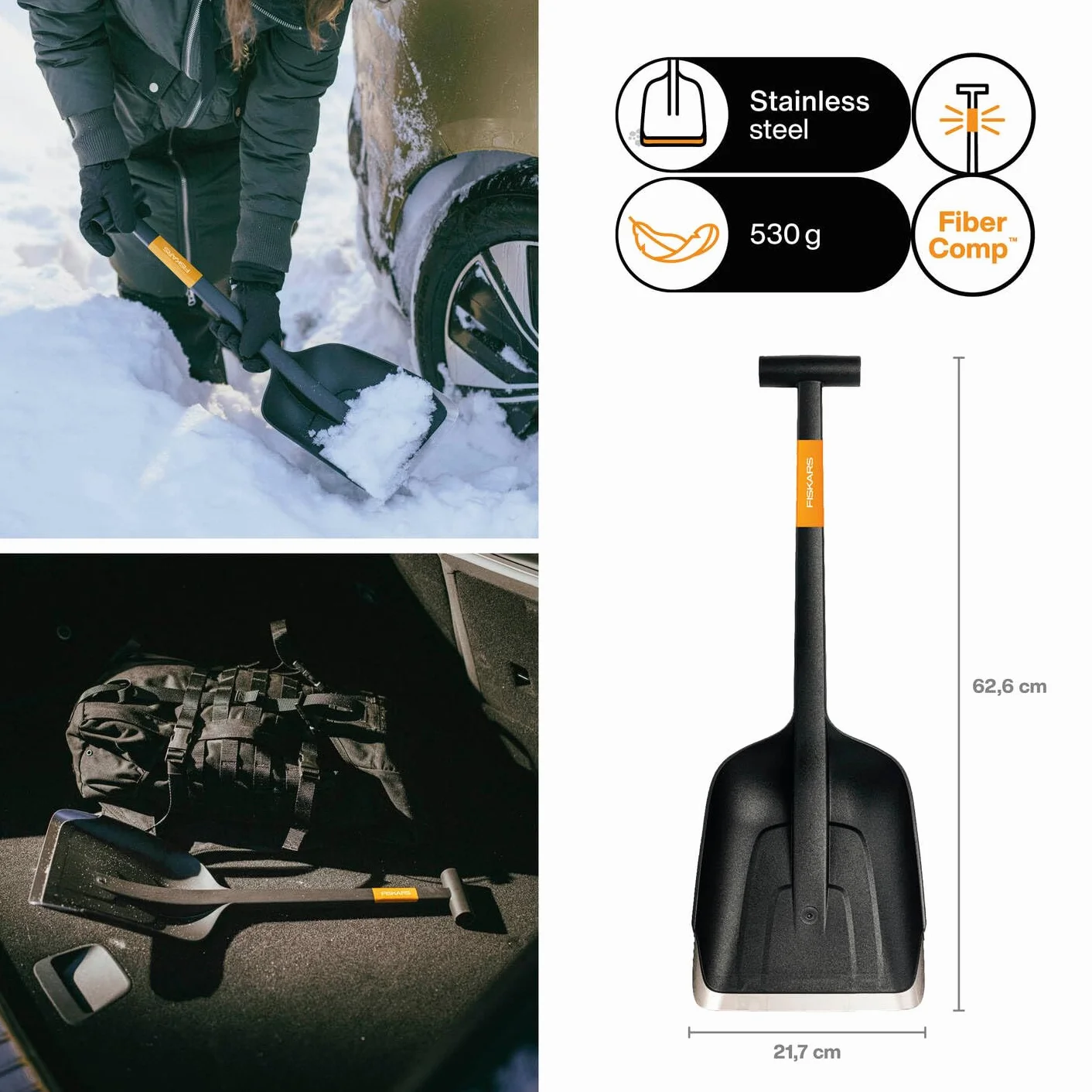Fiskars Plus Pala de Nieve para Coche, Pala de Nieve compacta con Mango en T y Borde de Acero Inoxidable, 63 cm, 1079857