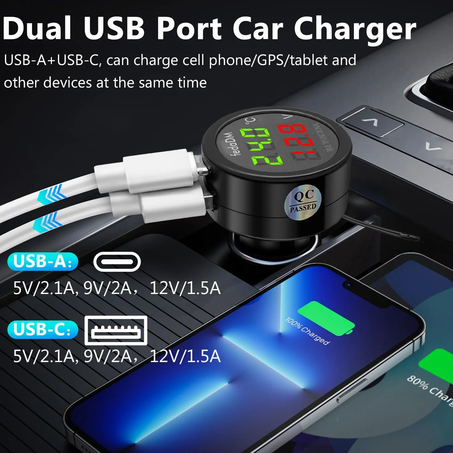 Cargador USB QC3.0+PD3.0 para coche, voltímetro, termómetro con pantalla digital LCD, probador de temperatura, voltaje, monitor de batería, adaptador USB para encendedor de coche, 12 V-24 V
