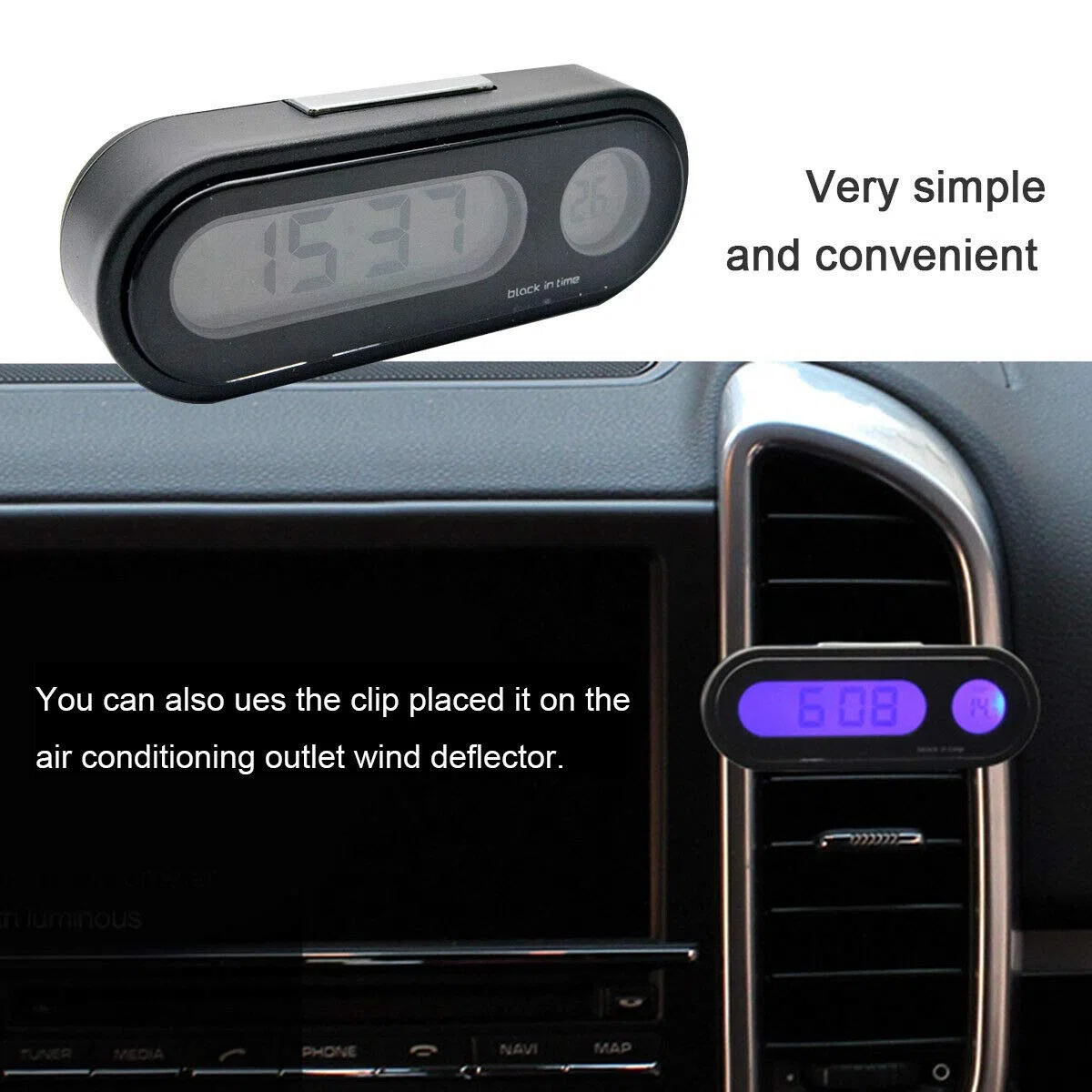 Riloer Reloj de temperatura digital LCD para coche con luz negra para coche, bicicleta, moto, camión