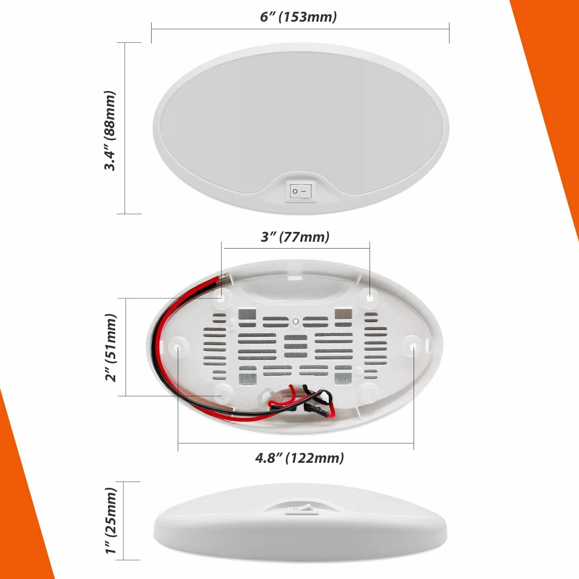 Dream Lighting Luz LED 12v Camper Caravana Autocaravana Barco Plafond LED con Interruptor Luz Interior Ovalada 15X9 CM 12V CC 4,2W 370LM IP44 Luz Cálido 3500K