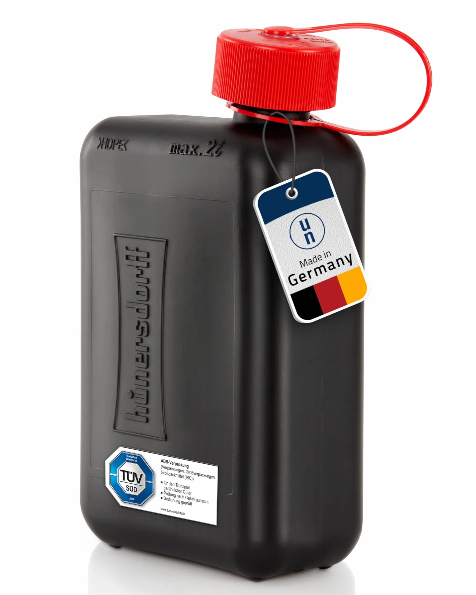 Hünersdorff Bidón de combustible estándar, 2 L, bidón de repuesto para coches pequeños e híbridos, HD-PE, fabricado en Alemania, producción certificada por TÜV, color negro