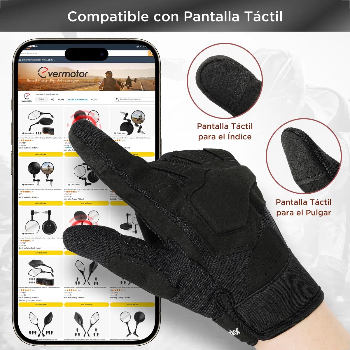 evermotor Guantes de Moto, Guantes de Moto para Hombre y Mujer, Guantes de Verano con Pantalla táctil para Moto, Motocross, Scooter, ciclomotor, Quad, ATV