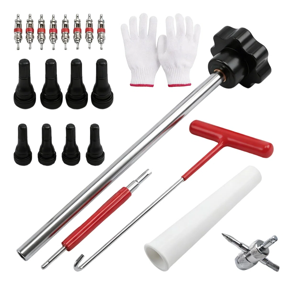 22 piezas Kit de reparación de válvulas de neumático, metal y plástico, juego de herramientas de cambio rápido con extractor de válvula, desmonte obús, herramienta de gancho
