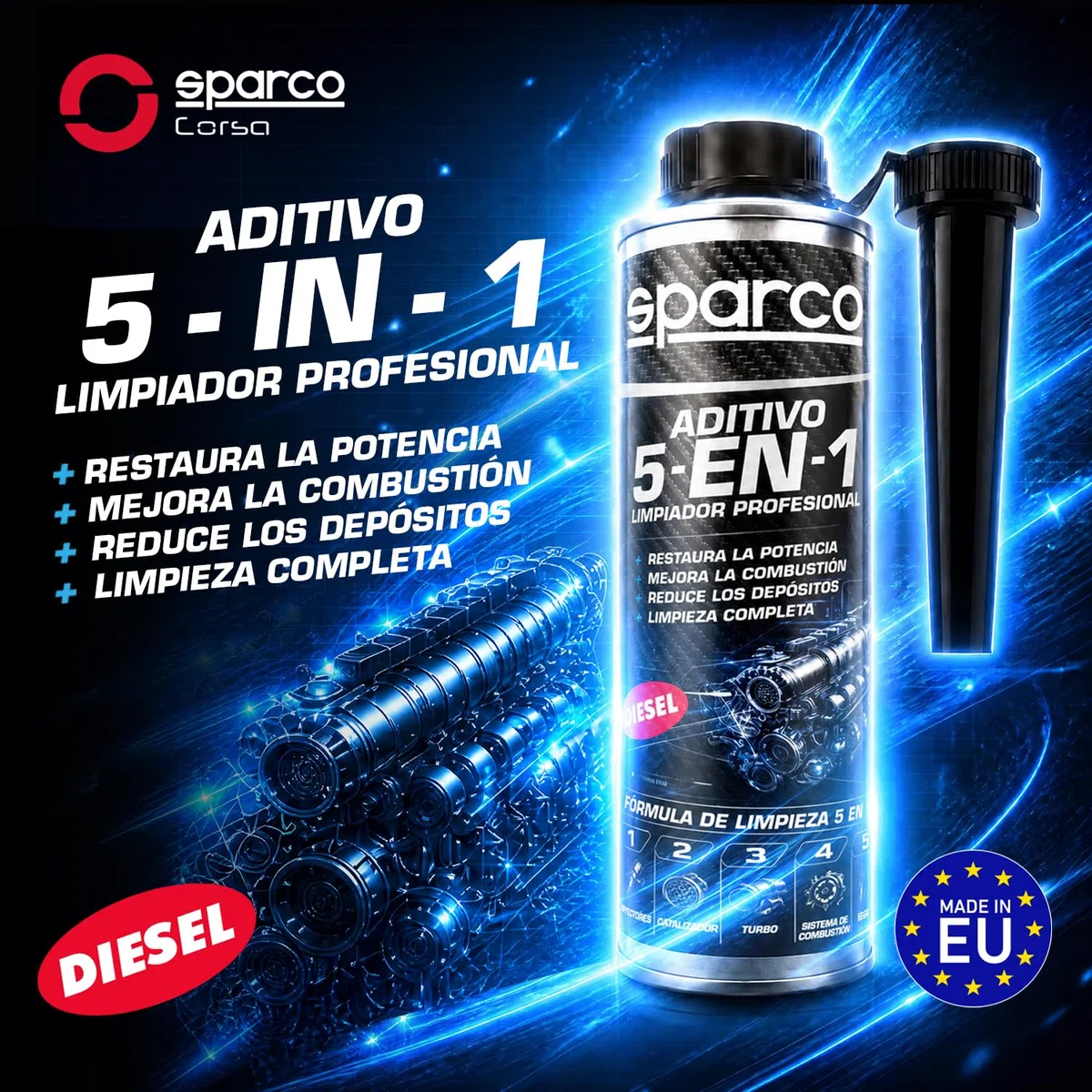 Sparco Aditivo Diesel 5 en 1 Profesional 300ml – Limpiador Completo de Inyectores, Turbo, DPF, Válvula EGR y Admisión – Reduce Consumo y Emisiones – Mejora Rendimiento del Motor