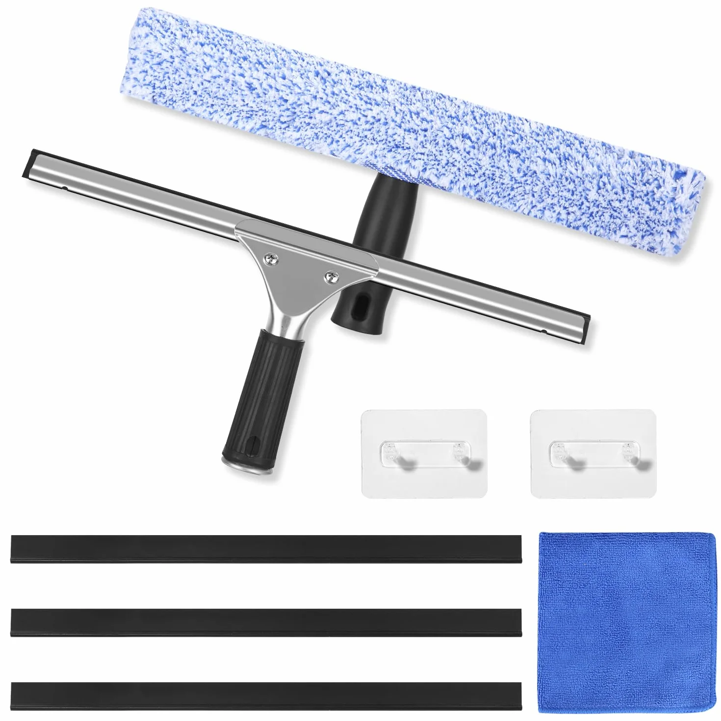 Limpiacristales Profesional 8 Piezas, Limpiador de Ventanas de Acero Inoxidable con Escobilla de Silicona & Paños de Microfibra, Kit de Limpieza de Ventanas con Gancho para Baño, Coche, Ventana