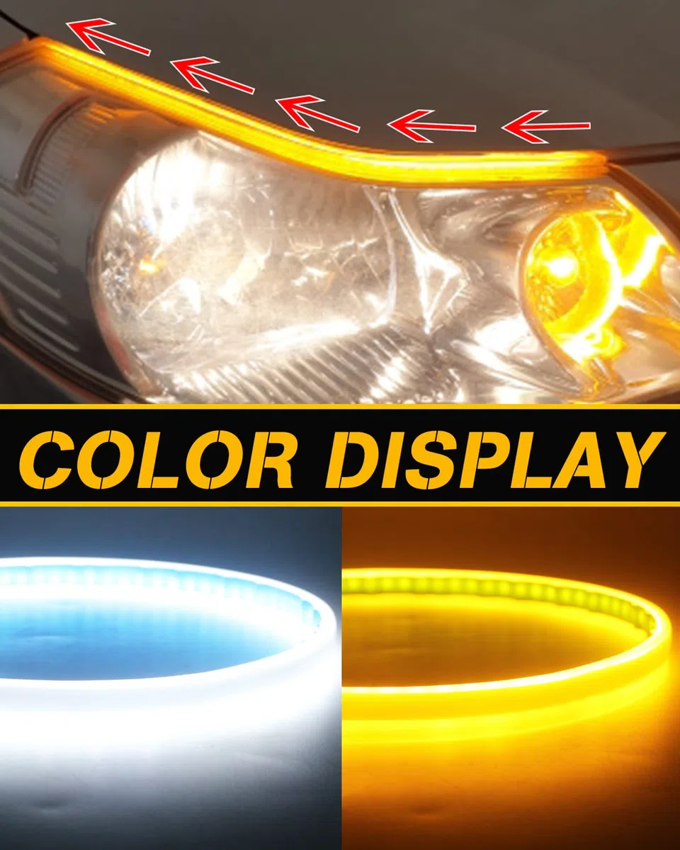 QasimLed 2-Pack 60cm Coches blancos y amarillos DRL LED Luces de día Luces de giro de flujo automático Tira guía de faros Conjunto de faros delanteros a prueba de agua