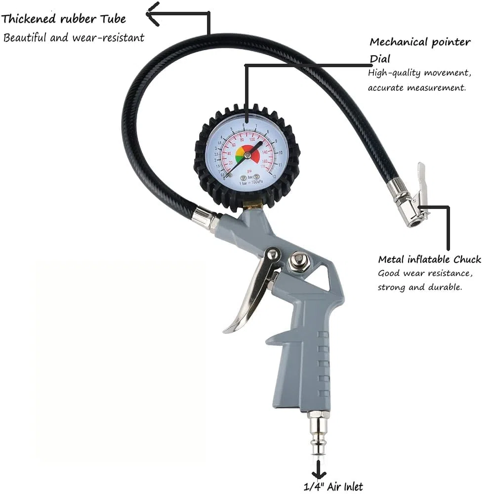 Inflador de aire comprimido 0-12 bar/170 PSI, manómetro de presión de neumáticos para coche, moto (gris)