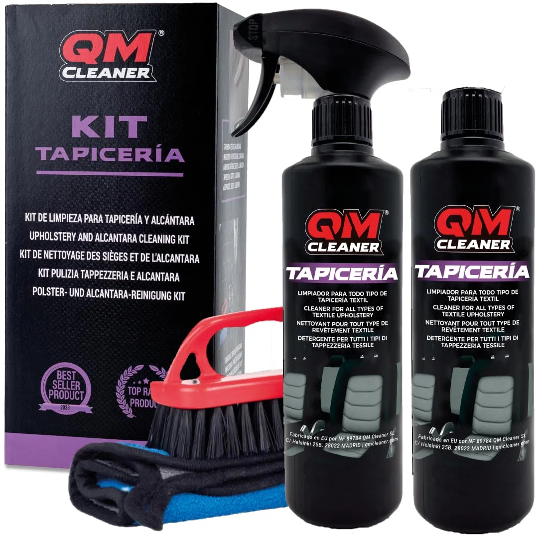 QM Cleaner Limpia Tapicerías Profesional para Limpiar Asientos Coche, Neutraliza Olores | para Alfombras, Tapicerías, Moquetas, Alcántara (Kit 1L + Cepillo + Paño)