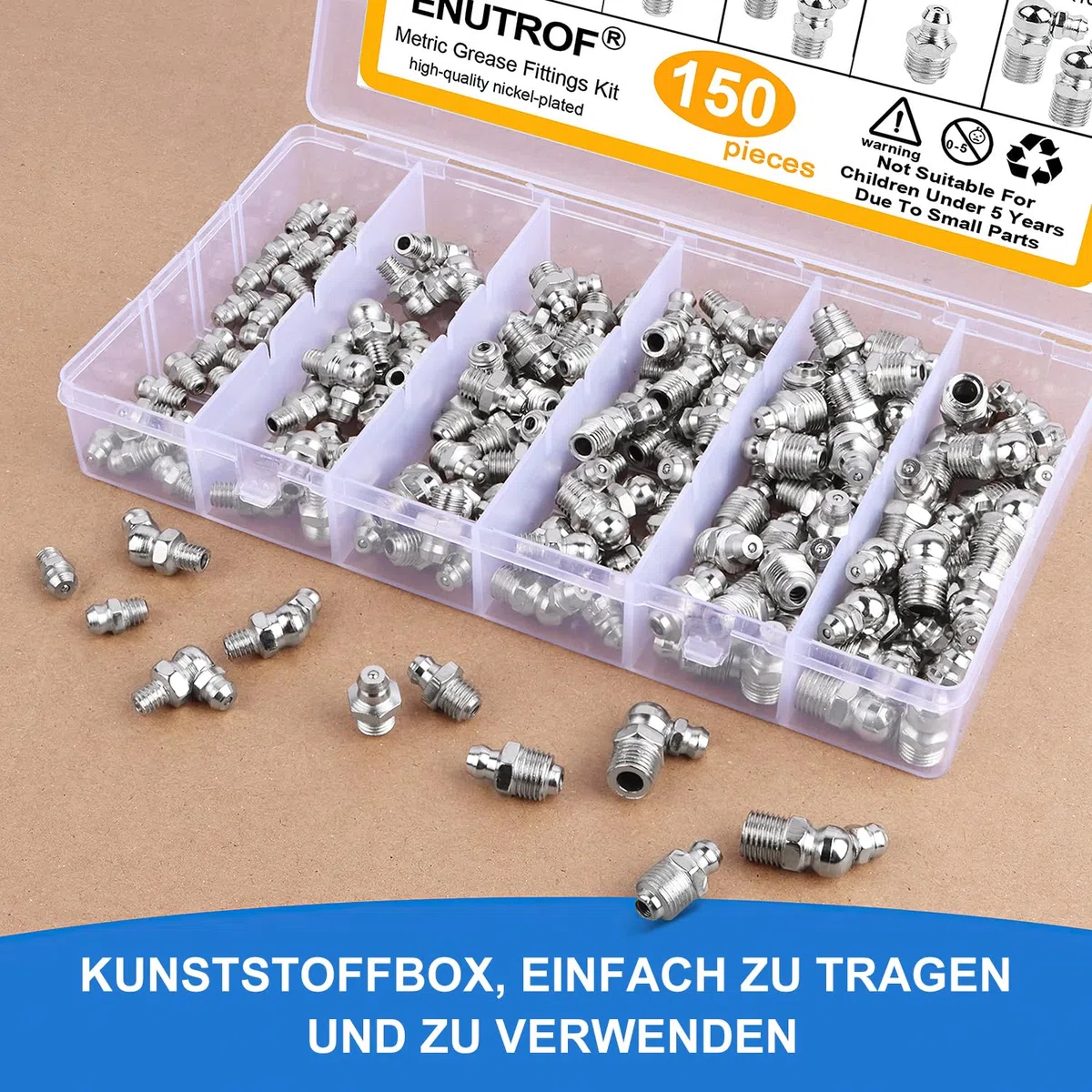ENUTROF Surtido de Engrasadores 150PCS M6 M8 M10 Boquilla Engrasadora Racores de Boquilla de Engrase Engrasador 45° 90° 180° con Caja de Almacenamiento para Equipos Mecánicos Pistolas Engrasadoras