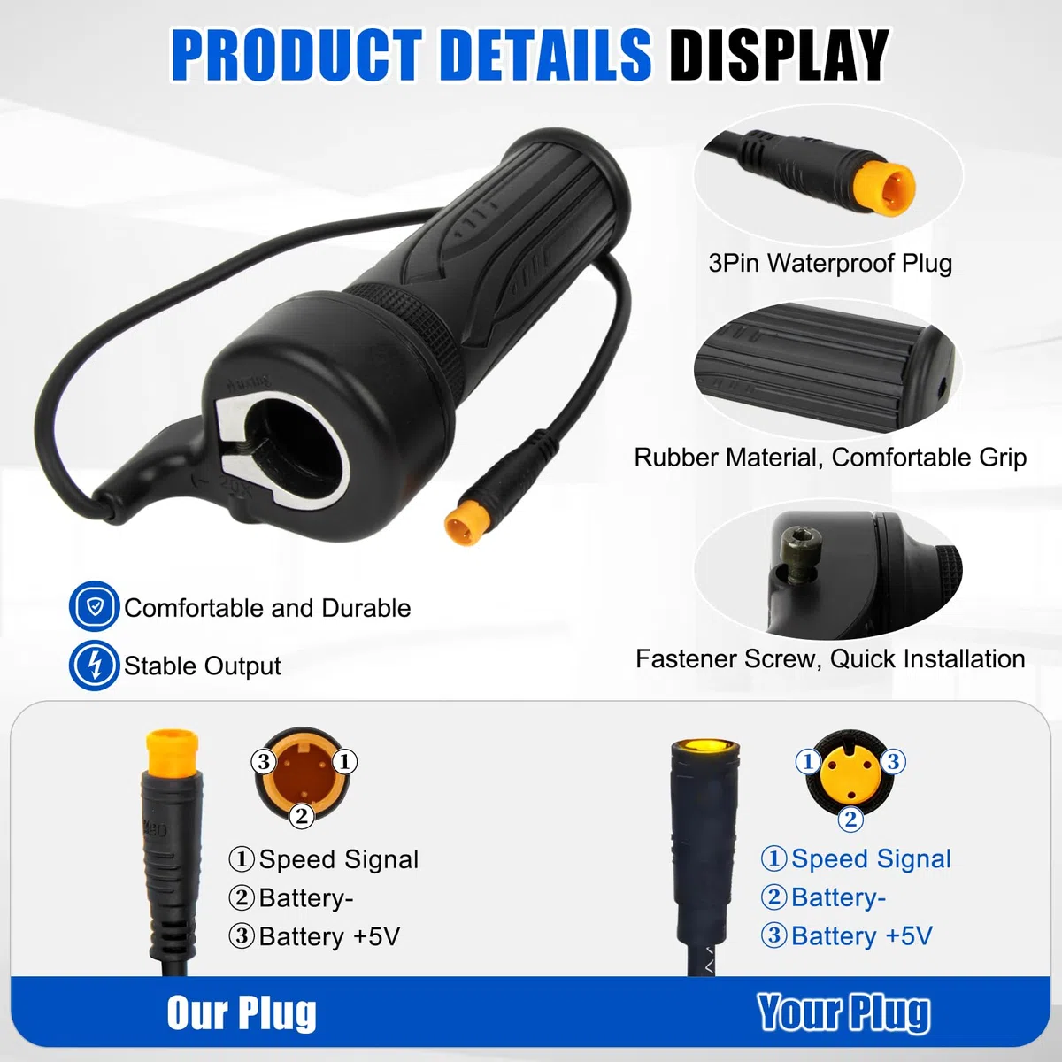 PSLER 20X Acelerador de giro completo para EBike, acelerador de 12V-72V de 3 pines para manillar de 22,2 mm para bicicleta eléctrica, scooter, motocicleta con conector impermeable