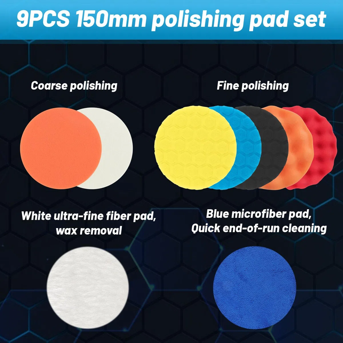 9 Piezas Almohadillas de Pulido 150mm Kit de Esponjas de Pulido Esponjas Planas para Pulido Spugna a Nido d’Ape e Ondulata 150mm Esponja de Pulir para Coche para máquina de pulir excéntrica