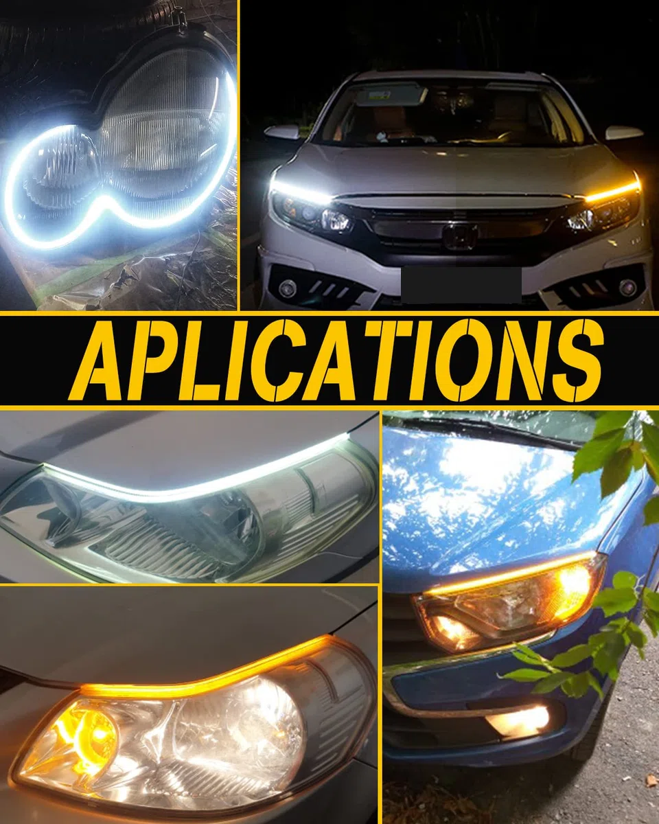 QasimLed 2-Pack 60cm Coches blancos y amarillos DRL LED Luces de día Luces de giro de flujo automático Tira guía de faros Conjunto de faros delanteros a prueba de agua