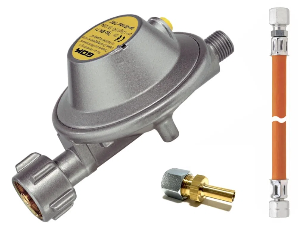GOK EN71 - Regulador de gas para caravana y autocaravana (30 mbar, 1,2 kg/h, con manguera de gas y adaptador de 8 y 10 mm)