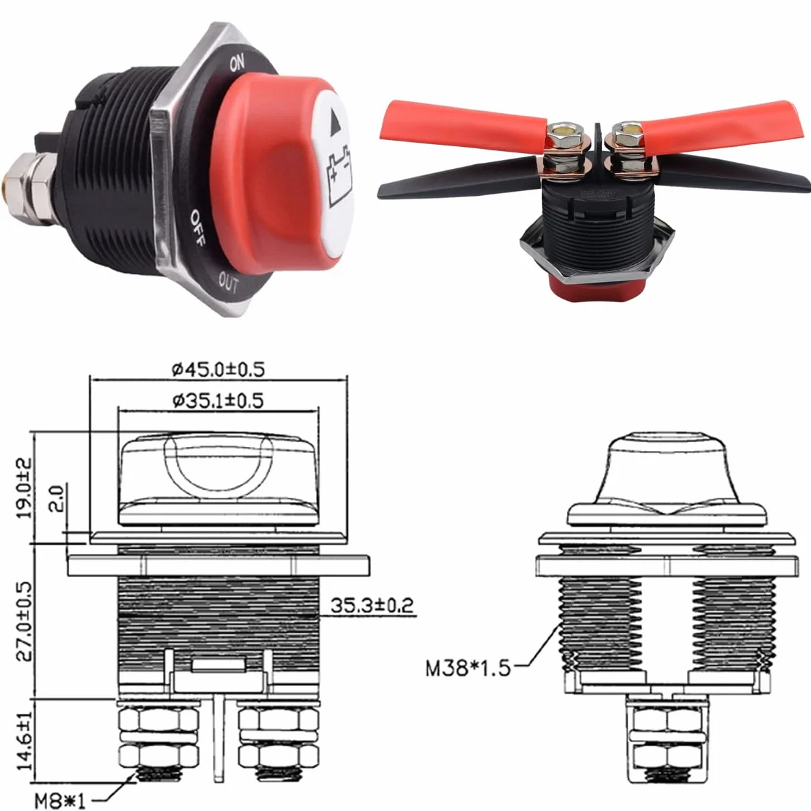 Greluma 1PC Interruptor de desconexión de batería de automóvil de 200A, interruptor aislador de corte maestro de batería de 12V-24V, interruptores de batería de encendido y apagado para marinos