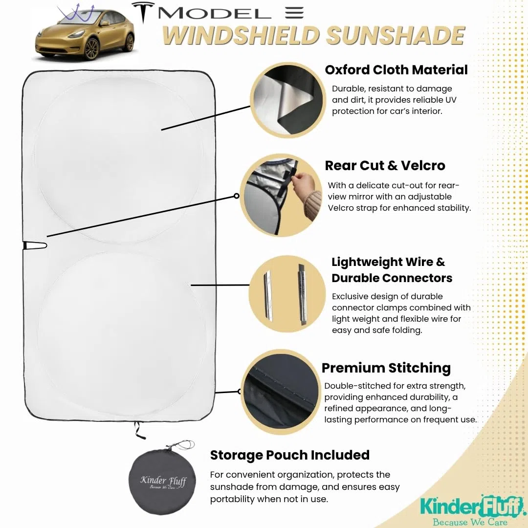 Parasol para Parabrisas Patentado Kinder Fluff para Tesla Model 3/Y | Parasol Coche Protección Solar 99% UVR | Interior Fresco | Visera Plegable | Accesorios Auto Verano | Protector Solar 142x95 cm