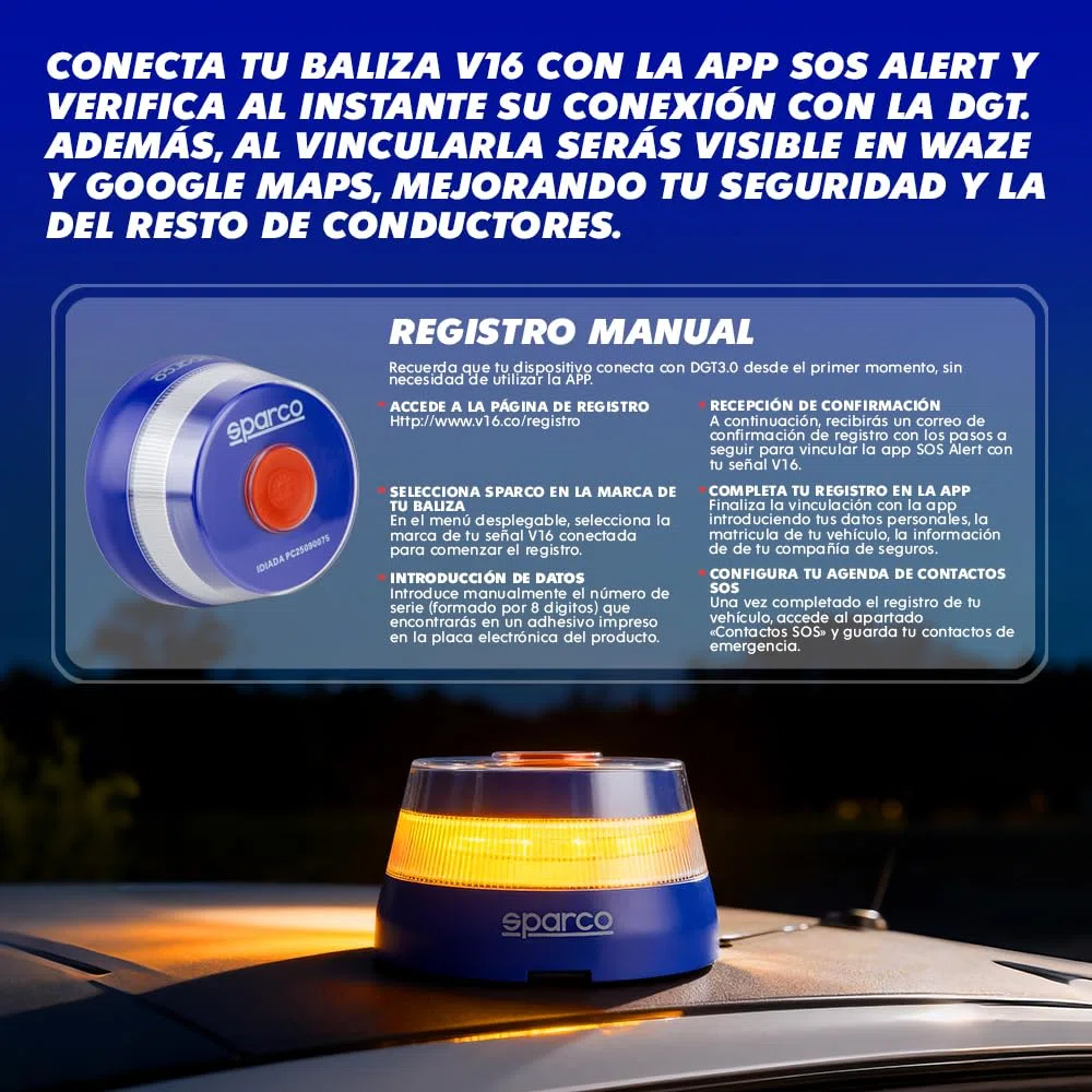 Sparco Luz Emergencia Coche V16 Homologada DGT 3.0 con Geolocalización, SIM y Datos Incluidos hasta 2038 + Estuche de Regalo, Baliza Obligatoria Enero 2026, App incluida (Plástico ABS)