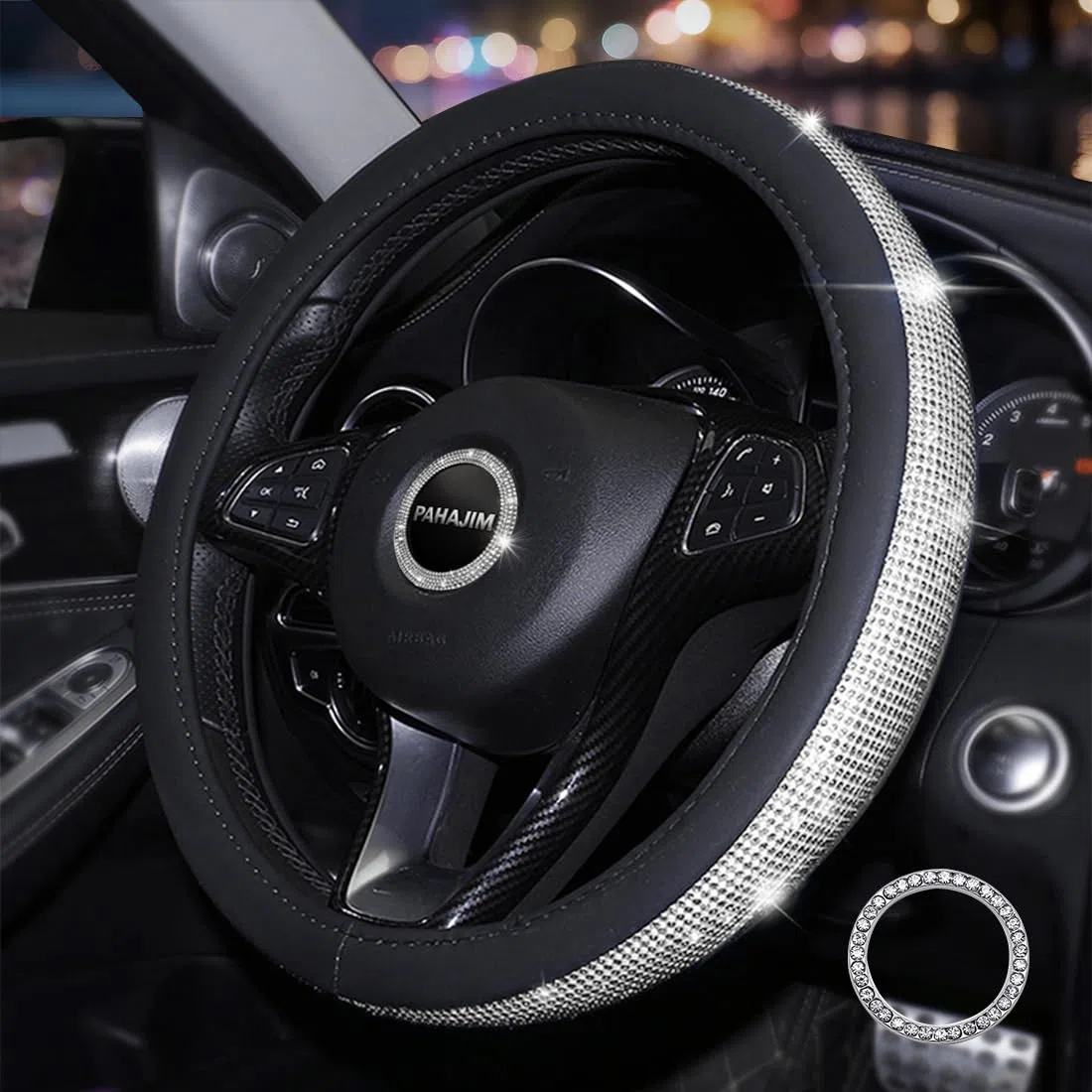 Pahajim Funda Volante Coche Bling Bling Rhinestones Cubre Volante Cuero de PU Antideslizante Universal 38 cm/15 Steering Wheel Cover para Mujer (Negro-Blanco)