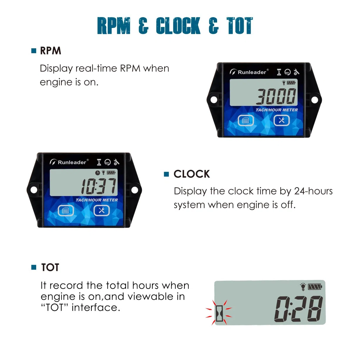 Runleader RL-HM011J – Cuenta Horas con Tacómetro Digital IP65, Impermeable, con Recordatorio de Mantenimiento para Motocicleta, ATV, Generador y Tractor Cortacésped