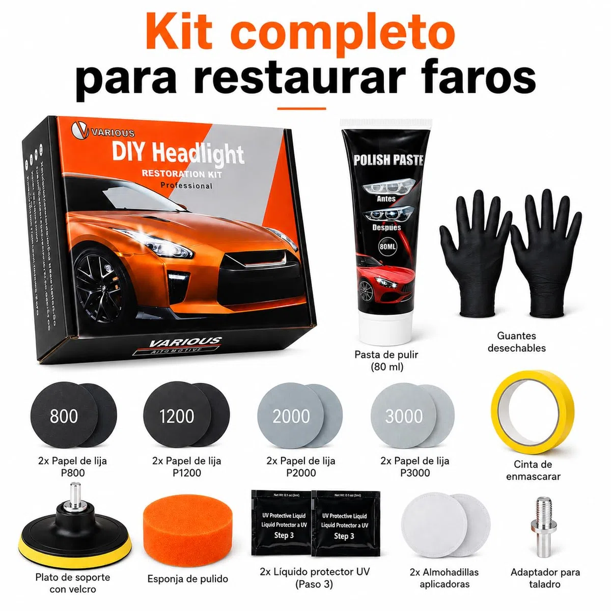 various Kit Pulir Faros Coche, Kit Completo de Pulido y Restauración de Faros con Pasta 80 ml, Lijas P800/P1200/P2000/P3000, Protector UV, Adaptador para Taladro, Faros Opacos y Amarillentos