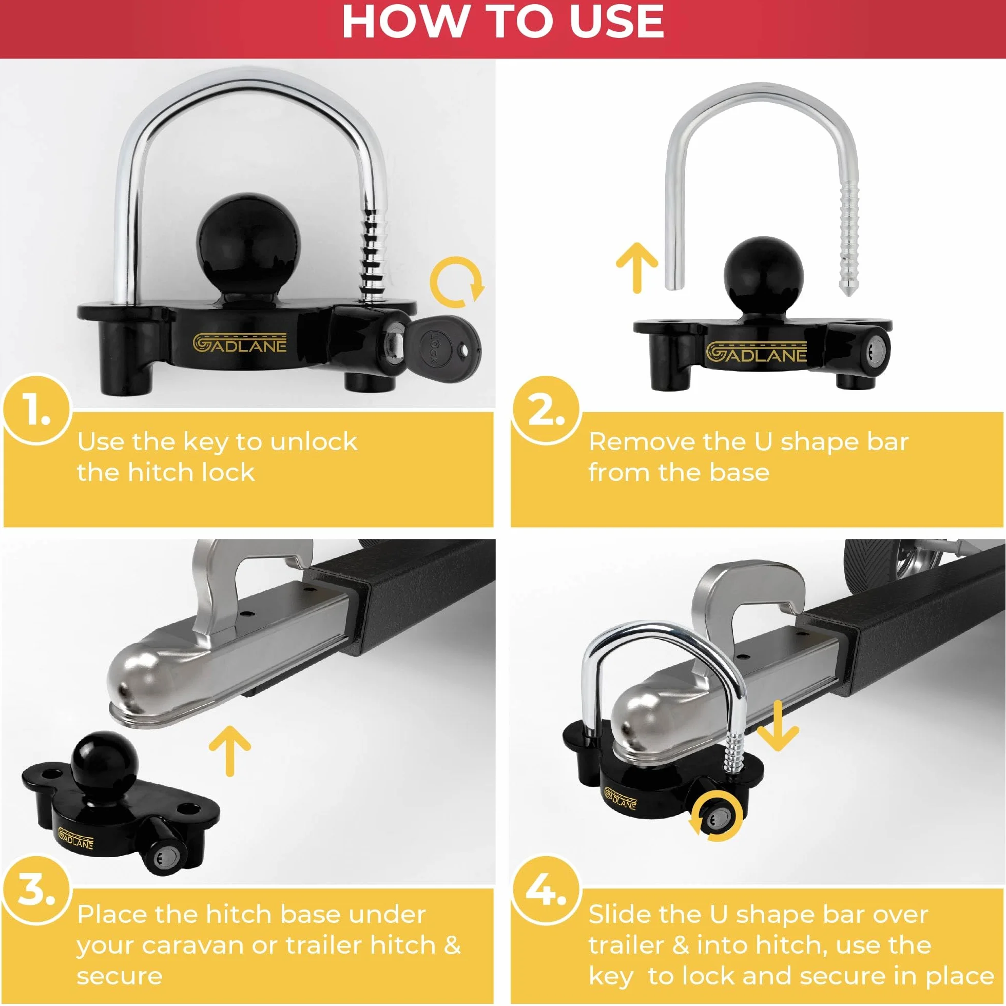 GADLANE Cerradura de enganche de remolque – Robusta cerradura de enganche para caravana con 6 posiciones de bloqueo para una fácil instalación, hecho de aluminio resistente – Kit de seguridad para