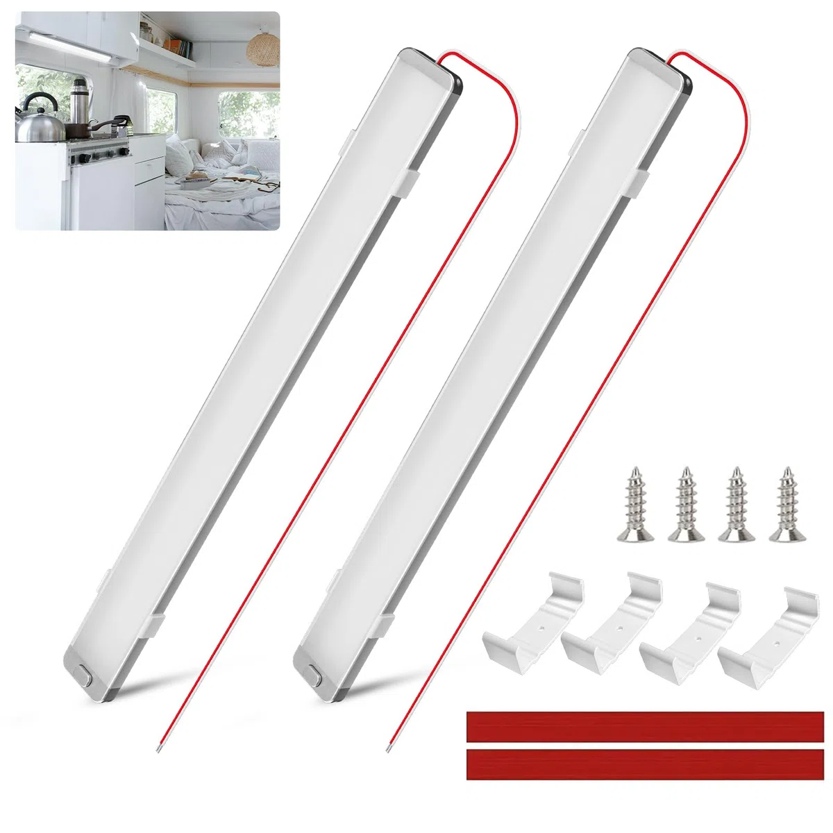 228 12V Barra de luz LED interior Tira de luz RV de 10W con interruptor 0N / Off Luces de caravana ultrafinas de 6000K para gabinete de cocina de barco de autocaravana de furgoneta - 2Pack