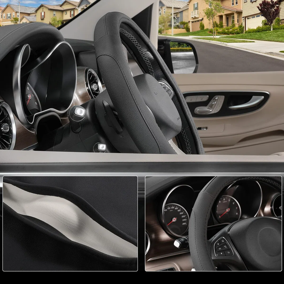 SEG Direct Funda de Volante para Coche, tamaño estándar Medio 37-39 cm, Accesorios Interiores de Coche, Microfibra Cuero Negro