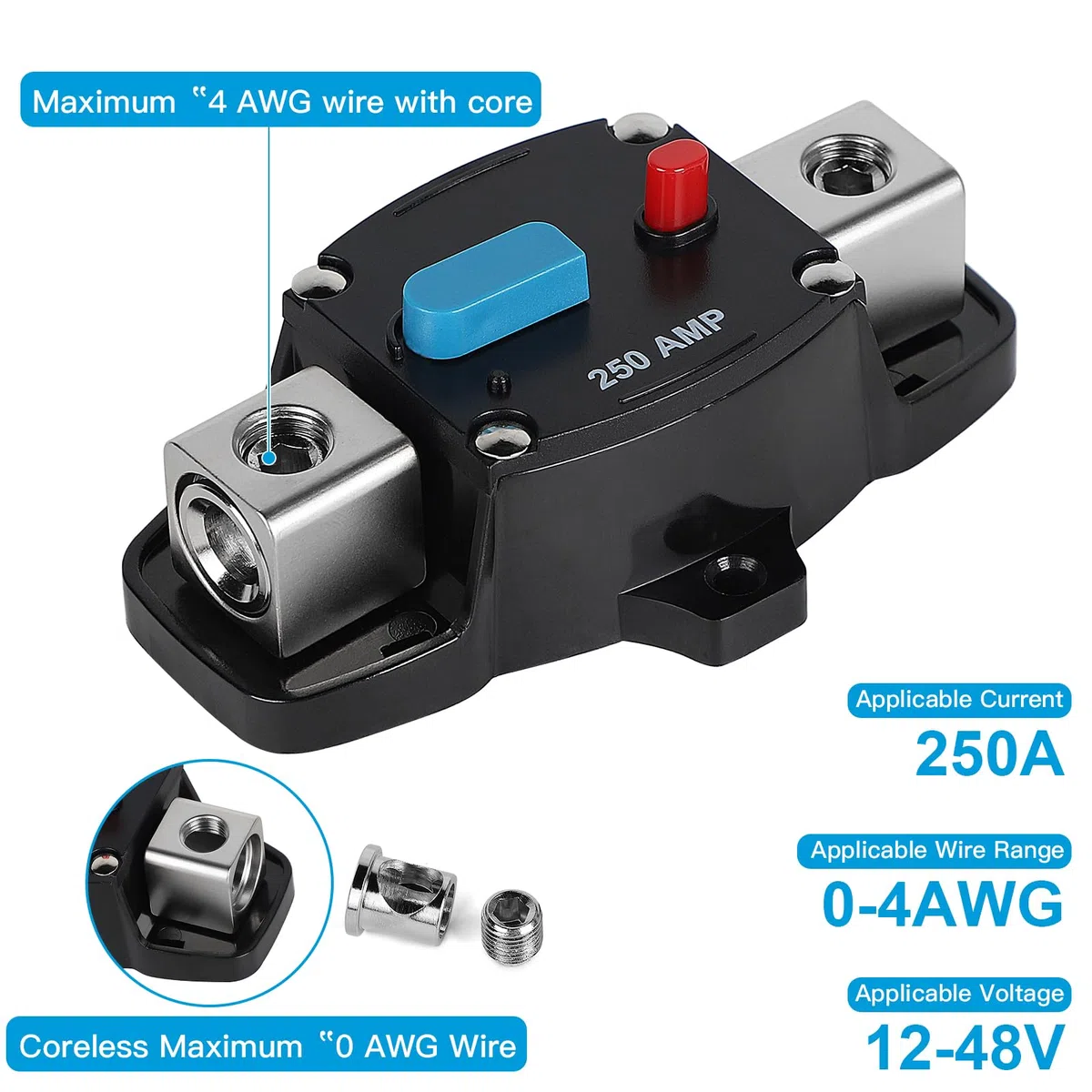 EFUTURETIME Interruptor Disyuntor 250A 12-24V DC Portafusibles con Reinicio Manual para Automóvil, Sistema de Audio/Vídeo para Barco