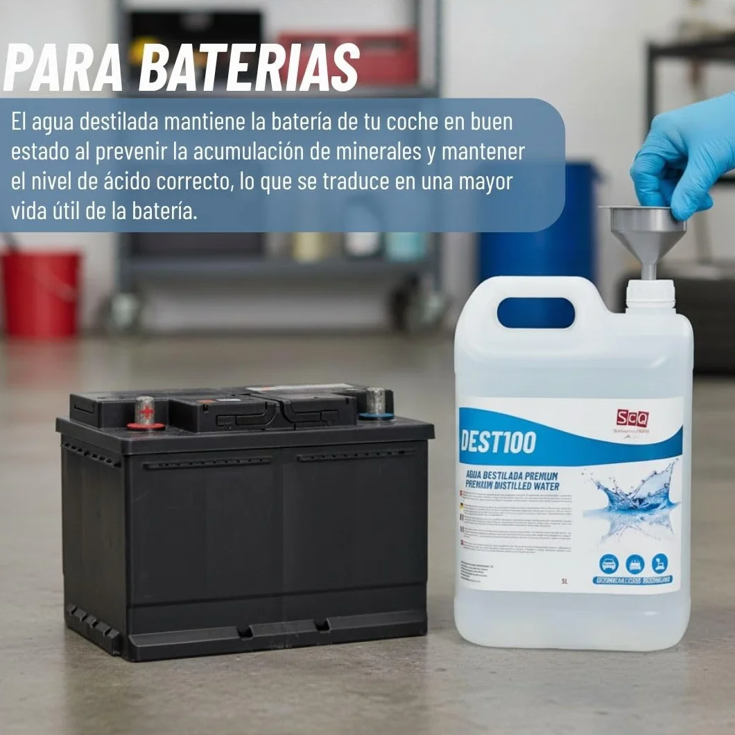 Agua destilada 100% pura 5 L, ideal para baterias, planchas, humidificadores, limpieza, motores, CPap, laboratorios. Agua desmineralizada, agua desionizada. conductividad inferior a 1 microS.