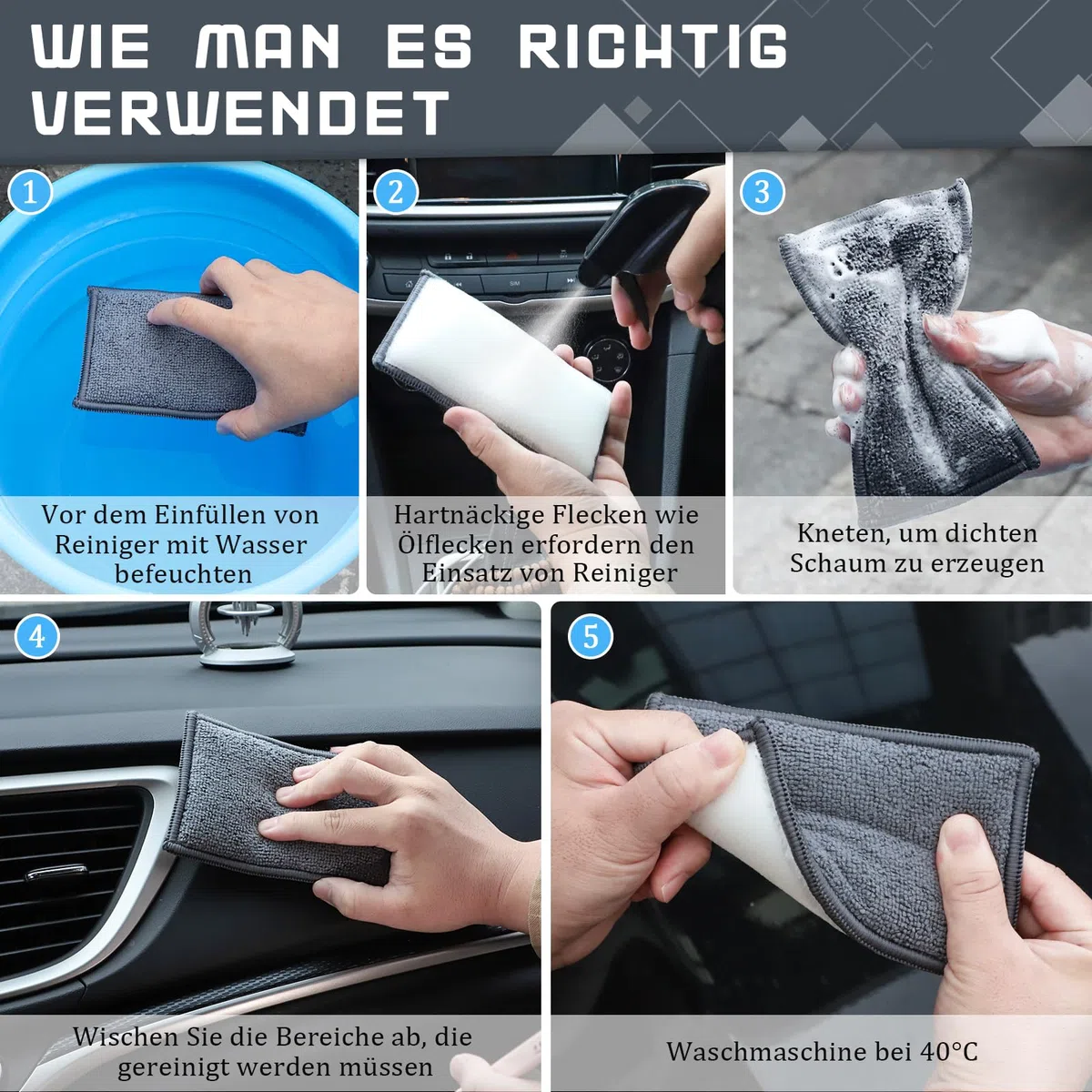 Juego de almohadillas de limpieza para interior de coche, esponja de microfibra para limpieza interior, cuidado de plástico, tapicería, cuero, cabina y grifos, 15 x 9 cm