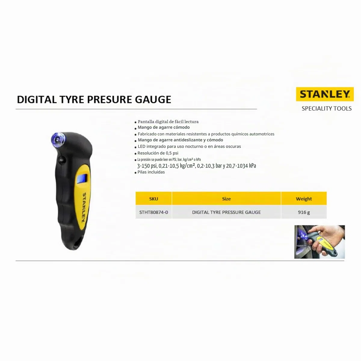 STANLEY STHT80874-0 Medidor Digital de presión de neumáticos, Color Negro
