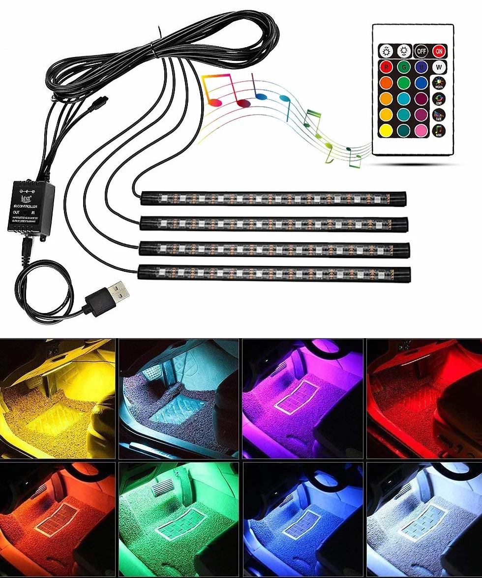 Luces LED Coche Interior, Control de Sonido y Mando a Distancia 4 en 1 Impermeable Tira de Luces RGB Car Ambient Lights