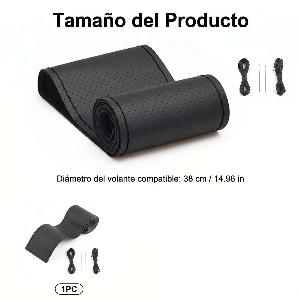 Funda Volante Coche Universal 38cm Cuero Antideslizante Negra | Transpirable, Con Agujas e Hilo para Coser, Accesorios Interior, Protector Volante