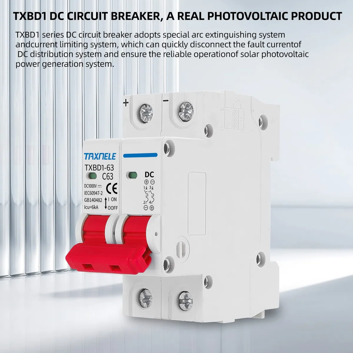 Disyuntor en miniatura DC MCB 2P DC 1000V Mini disyuntor solar Interruptor de batería Protección contra cortocircuitos Interruptor de desconexión Aislador para sistema solar fotovoltaico (63A)