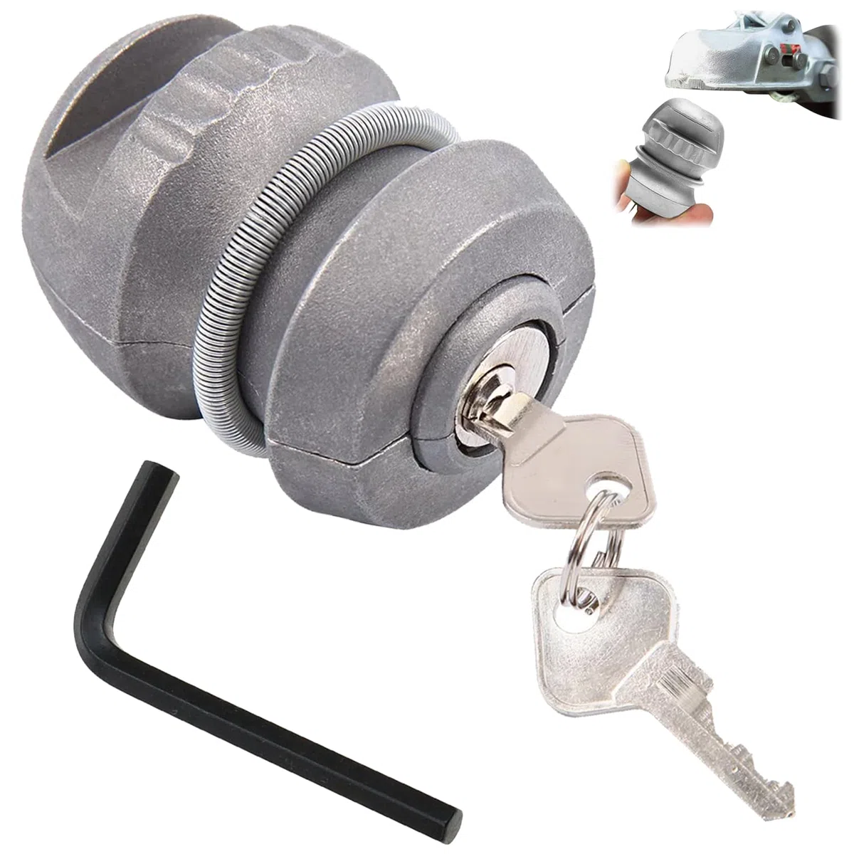 Candado de remolque de aleación de zinc, para caravanas: seguridad Hitchlock con 2 llaves, resistente cerradura de bola antirrobo para enganches de remolque comunes, plata