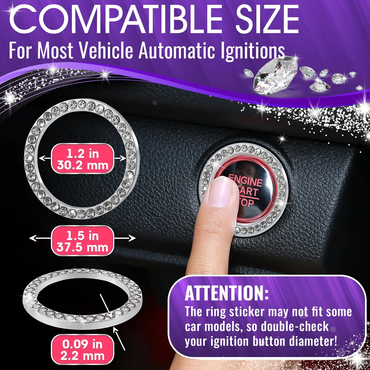 Crystal Rhinestone Car Bling Sticker Ring Emblem, Auto Start Engine Ignition Key & Button Bling, By Bling Car Decor (Silver) by Bling Car Decor
