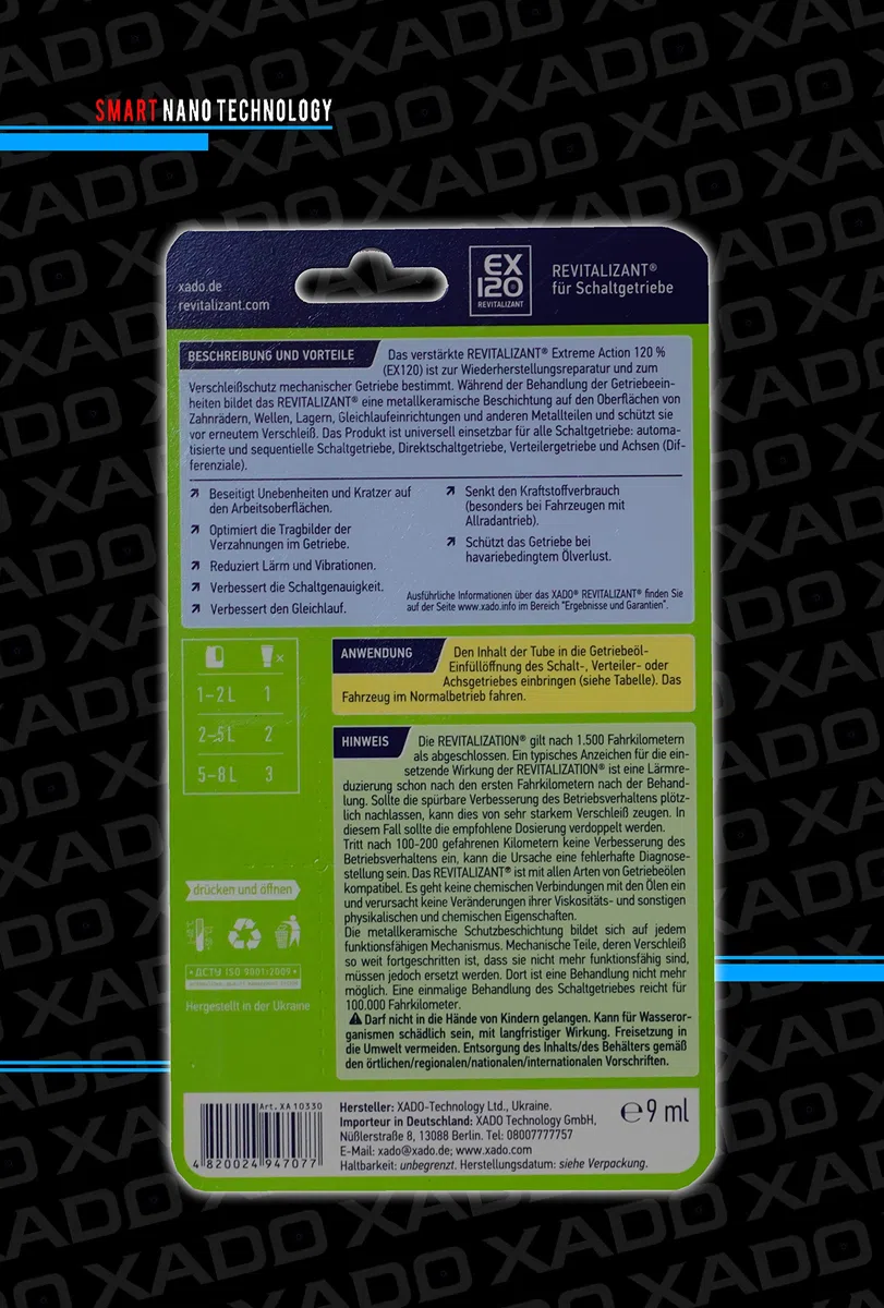 XADO XA 10330 REVITALIZANT EX120 para Cajas de Engranajes, Cajas de Transferencia y diferenciales (Blister, Tubo 9 ml)