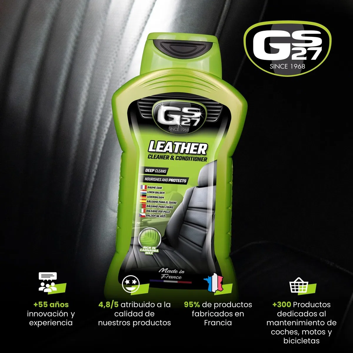 GS27 - Bálsamo para Cuero de Coche - Cuidado del Cuero de Coche Natural, Tintado o de imitación - Protege e impermeabiliza - 375 ml